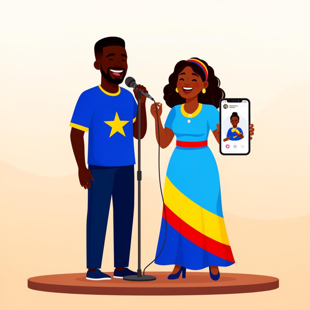 Deux artistes congolais sur scène avec un téléphone affichant leur profil